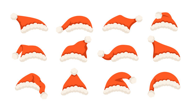 Santa red hats vector set. Winter Cap with fur traditional element custume Santa. Festive decorative clothing. Vector illustration set in cartoon style.