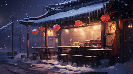 winter in the city, restaurant in the snowfall