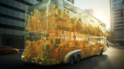 cheese cubes load in glass bus in the modern city