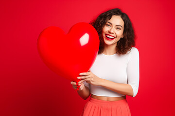 Romantic woman holding large heart-shaped balloon on red background.