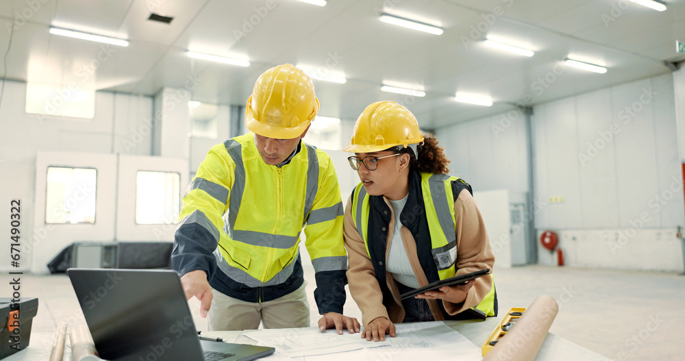 Poster Architecture people, teamwork and laptop for construction site planning, floor plan and building design in warehouse. Industry worker and manager on tablet and computer for engineering and blueprint