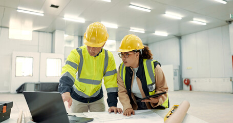 Architecture people, teamwork and laptop for construction site planning, floor plan and building...