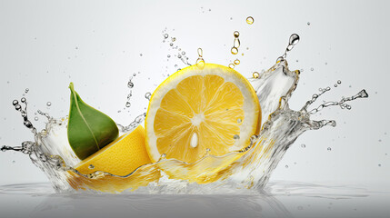 Lemons and lemons splashing into a clear water. - obrazy, fototapety, plakaty