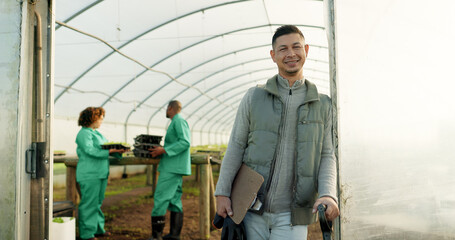 Fototapeta na wymiar Portrait, farmer or happy man at greenhouse at garden with checklist for organic vegetables, plant or growth. Clipboard, smile or person at nursery for agriculture, worker or business owner in Mexico