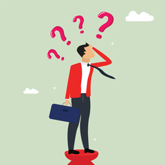 Frustrated businessman thinking and make decision with many question marks, confusion and decision making, looking answer for question or solution concept