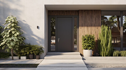 Modern house exterior with gray door and potted flow - obrazy, fototapety, plakaty