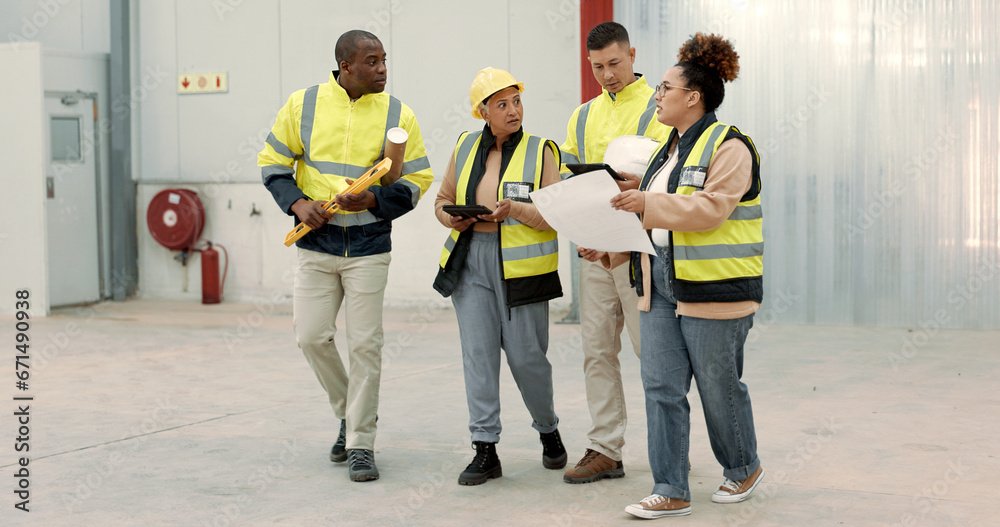 Poster construction site, blueprint and business people walking in a building planning, discussion or renov
