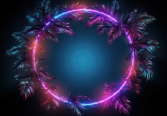 Neon frame with palm trees and leaves on dark background