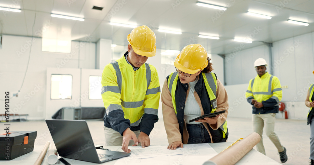 Aufkleber engineering people, blueprint and technology for construction site planning and building design in w