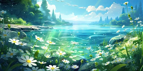 Blossoms in Azure Skies: Anime Meadows Awash with Flowers, a Tapestry of Nature's Beauty beneath the Infinite Blue Canvas