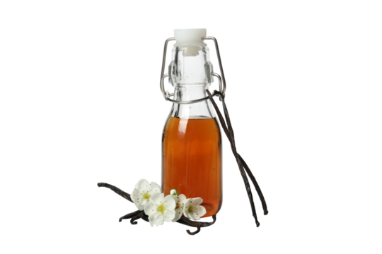 PNG,vanilla extract in a bottle, isolated on white background