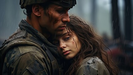 Fototapeta na wymiar girl is hugging a young soldier in wood