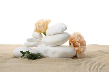 PNG, Stones and flowers on sand, isolated on white background