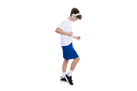 PNG, teenage boy in sportswear running, isolated on white background.