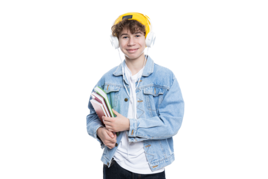 PNG of teenage boy in headphones with books isolated on white background.