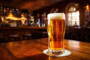 glass of beer with foam on table with bar counter