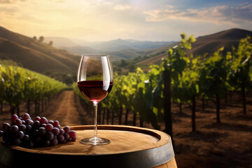 glass of red wine and grape on wooden barrel with vineyard