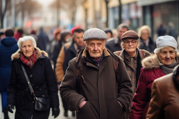 elderly man and women pensioners walking the street. Increase in the proportion of older people. - obrazy, fototapety, plakaty