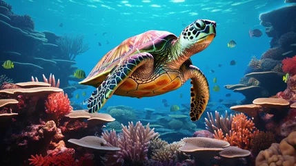 Gordijnen Sea turtle swimming in a sea of corals. © iqra