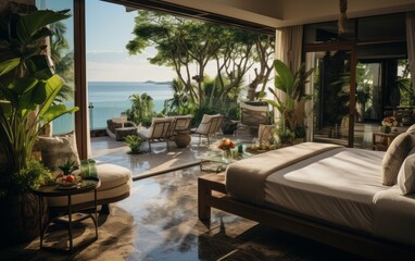 Luxurious tropical bedroom interior with sea view