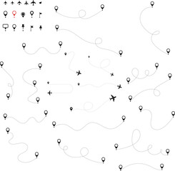 Airplane routes set. Aircraft planes tracking, travel, location pins, map pins. Plane, airplane, aircraft paths. Vector illustration.