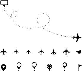 Airplane routes set. Aircraft planes tracking, travel, location pins, map pins. Plane, airplane, aircraft paths. Vector illustration.
