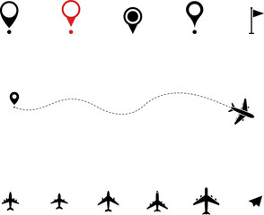 Airplane routes set. Aircraft planes tracking, travel, location pins, map pins. Plane, airplane, aircraft paths. Vector illustration.