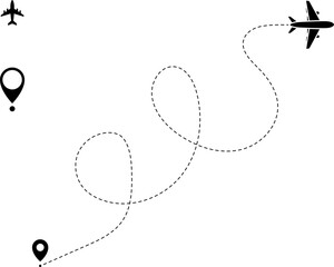 Obraz premium Airplane routes set. Aircraft planes tracking, travel, location pins, map pins. Plane, airplane, aircraft paths. Vector illustration.