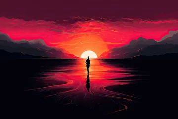 Foto auf Alu-Dibond lost person by the sea at sunset illustration © krissikunterbunt