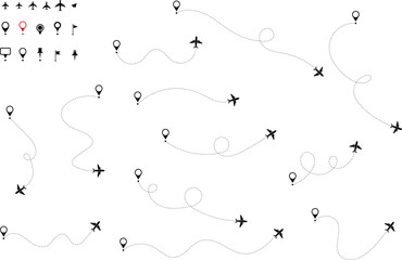 Airplane routes set. Aircraft planes tracking, travel, location pins, map pins. Plane, airplane, aircraft paths. Vector illustration.