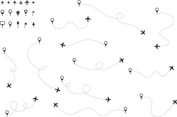 Airplane routes set. Aircraft planes tracking, travel, location pins, map pins. Plane, airplane, aircraft paths. Vector illustration.