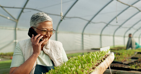 Woman, phone call and greenhouse plants, farming or agriculture communication, growth and agro...