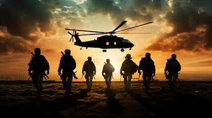 Silhouette of US Army Marines with a support helicopter.