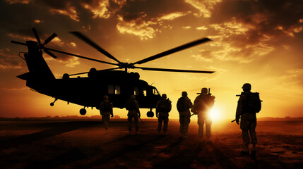 Fototapeta na wymiar Silhouette of US Army Marines with a support helicopter.