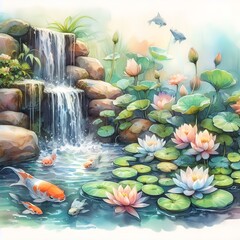 Obraz na płótnie Canvas water lily flowers koi pond, ai generated