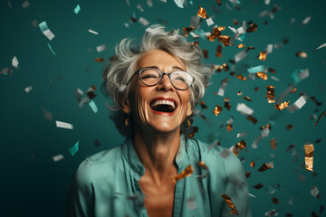 Happy laughing senior woman grandma grandmother with glasses and falling confetti on teal blue background. Modern old guy with smile celebrating at party. Winning Lottery. Generative AI. - obrazy, fototapety, plakaty