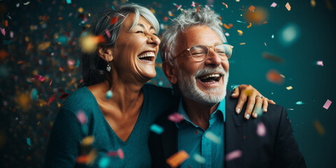 Happy laughing senior couple women and man with glasses and falling confetti on teal blue background. Modern old guy with smile celebrating at party. Winning Lottery. Generative AI.