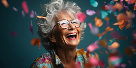 Happy laughing senior woman grandma grandmother with glasses and falling confetti on teal blue background. Modern old guy with smile celebrating at party. Winning Lottery. Generative AI. - obrazy, fototapety, plakaty