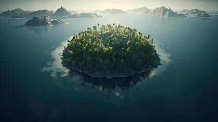 A small island in the ocean with a clear sky and planet earth on it - obrazy, fototapety, plakaty