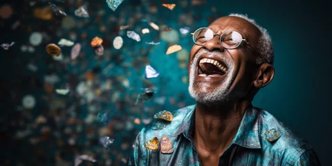 Foto op Plexiglas Happy laughing senior man grandad grandfather grandpa with glasses and falling confetti on teal blue background. Modern old guy with smile celebrating at party. Winning Lottery. Generative AI. © PEPPERPOT