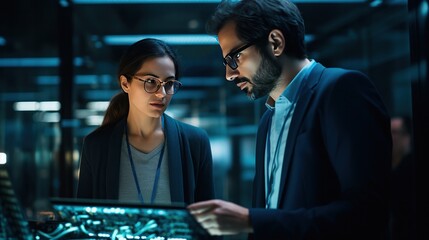 A Data Center Female System Administrator and Male IT Specialist talk, Use Laptop in Cloud Computing Server Farm.