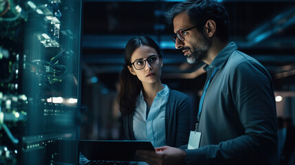 A Data Center Female System Administrator and Male IT Specialist talk, Use Laptop in Cloud Computing Server Farm.