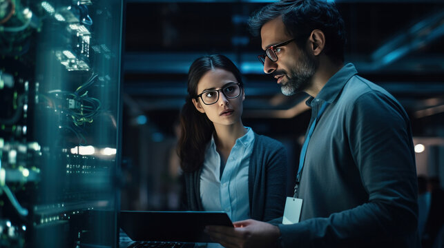A Data Center Female System Administrator and Male IT Specialist talk, Use Laptop in Cloud Computing Server Farm.