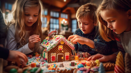 A family assembling a gingerbread house, covered in candies and frosting. - obrazy, fototapety, plakaty
