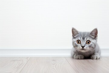 Close-up of Grey kitten sitting on the floor at studio. Portrait of kitten pet. Animal and Pet Concept. Copy space empty blank for text.