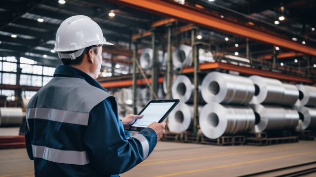 Engineer holding an iPad to inspect the Rolls of galvanized steel sheet inside the factory or warehouse.