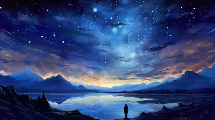 a beautiful majestic magical night at the lake, shining stars on the sky, gift card inspired - obrazy, fototapety, plakaty