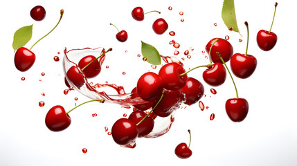 cherries falling with water on white background