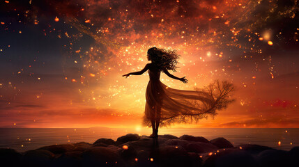 magical beautiful night artwork of a dancing woman, stars around - obrazy, fototapety, plakaty