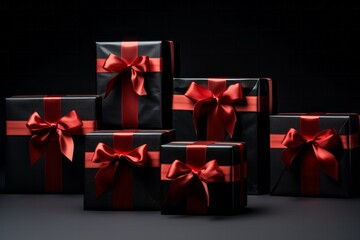 Valentine's day concept. gifts black boxes with red ribbons. generative ai.